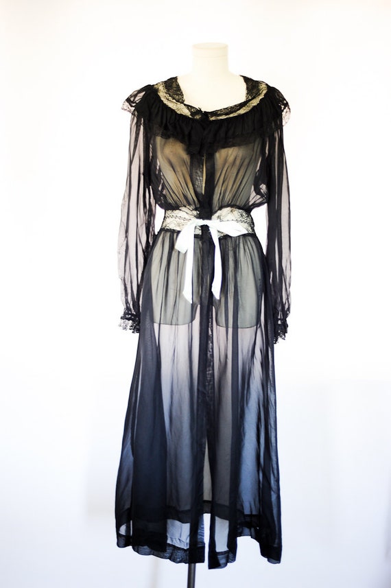 Vintage Black Sheer Robe// Long Black Sheer Robe// Black sheer