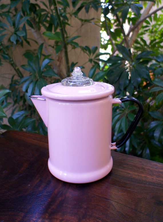 Vintage Pink Enamelware Coffee Pot with Black by TheLionsDenStudio