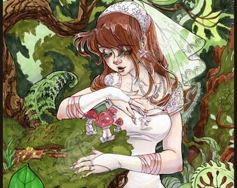 Married to the Forest - Anime Style Marker Illustration - Original Artwork Fine Art Painting Drawing Bride Ferns Rustic
