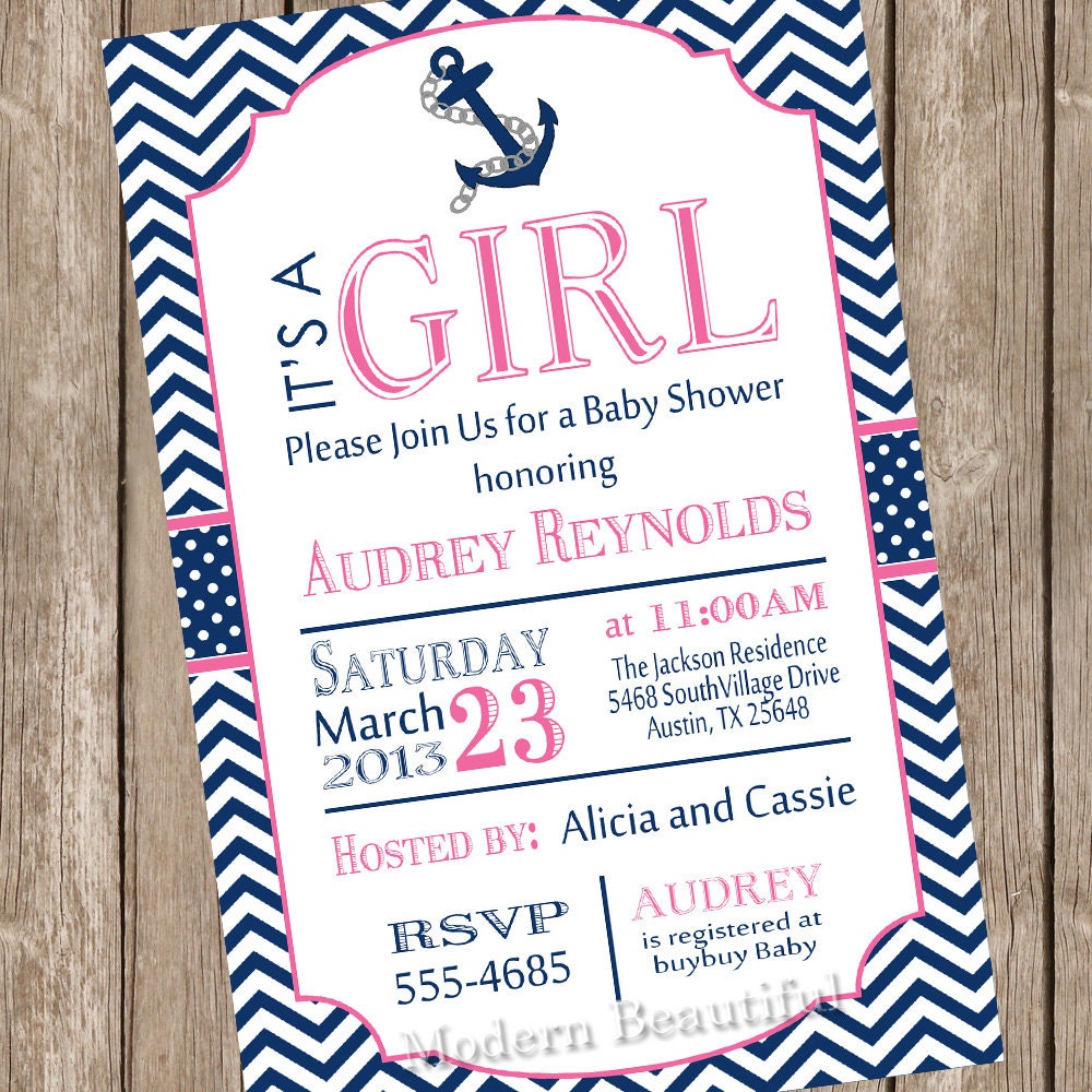 Girl Nautical baby shower invitation pink navy anchor