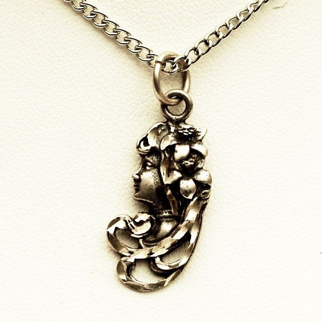 Lovely Vintage Sterling Silver Goddess May Lily Bright Cut Pendant (V364) Haute Juice