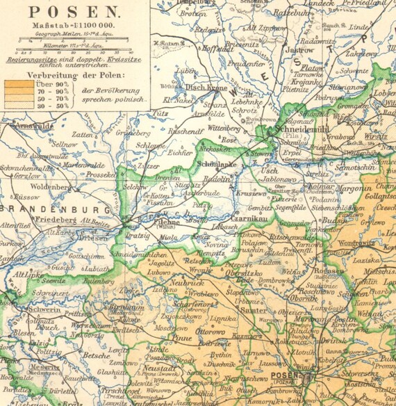 1906 Original Antique Dated Map of the Province of Posen