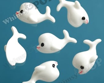 5 - Kawaii White Whale Resin Flatback Cabochons, Dolphin Cabochons, 36mm x 19mm (R6-014)