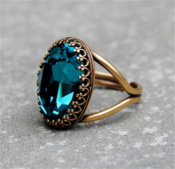 Dark Teal Blue Crystal Cocktail Ring Crown Ring Swarovski