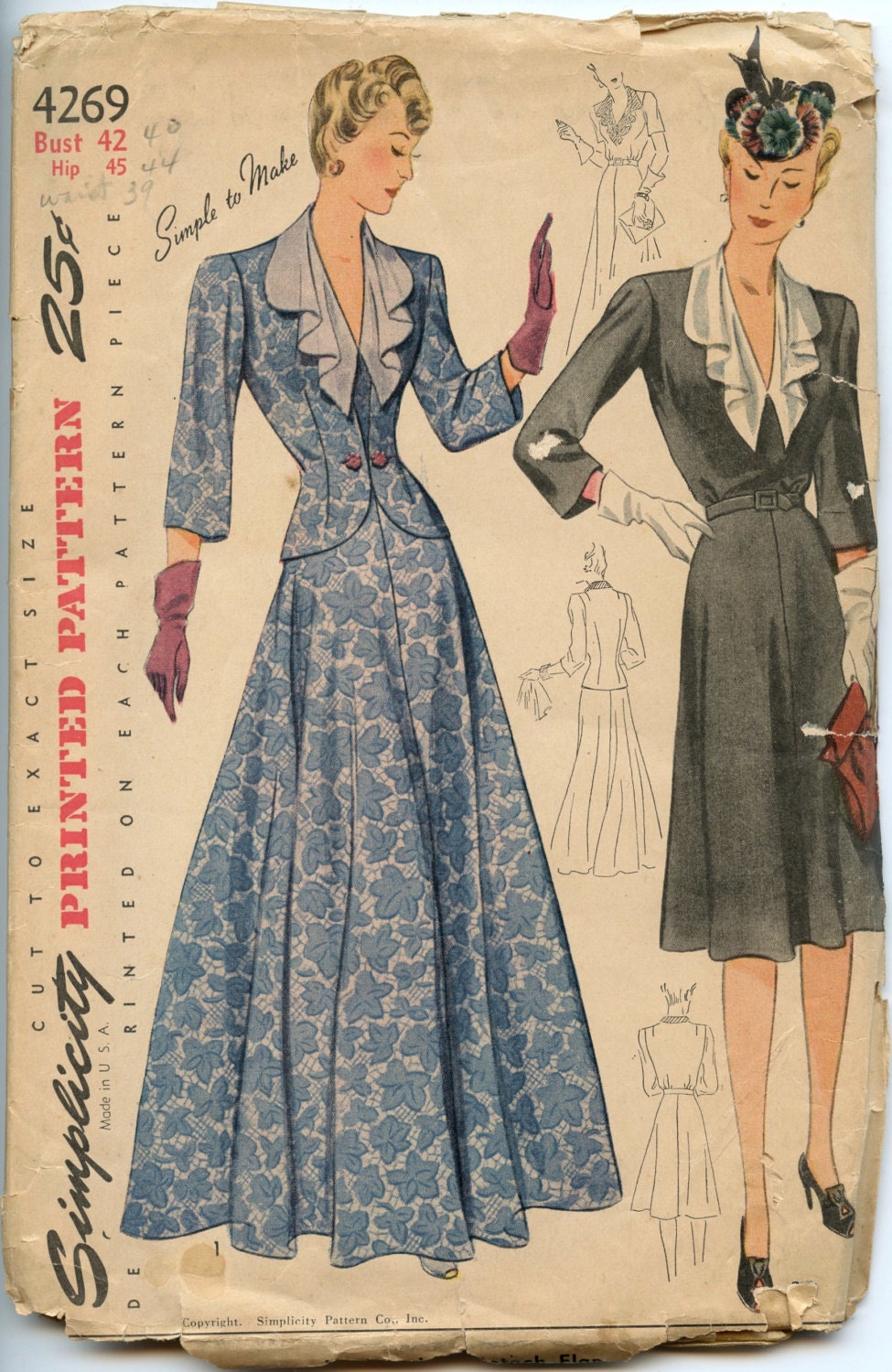 1940s Vintage Sewing Pattern Simplicity 4269 Womens Jacket and