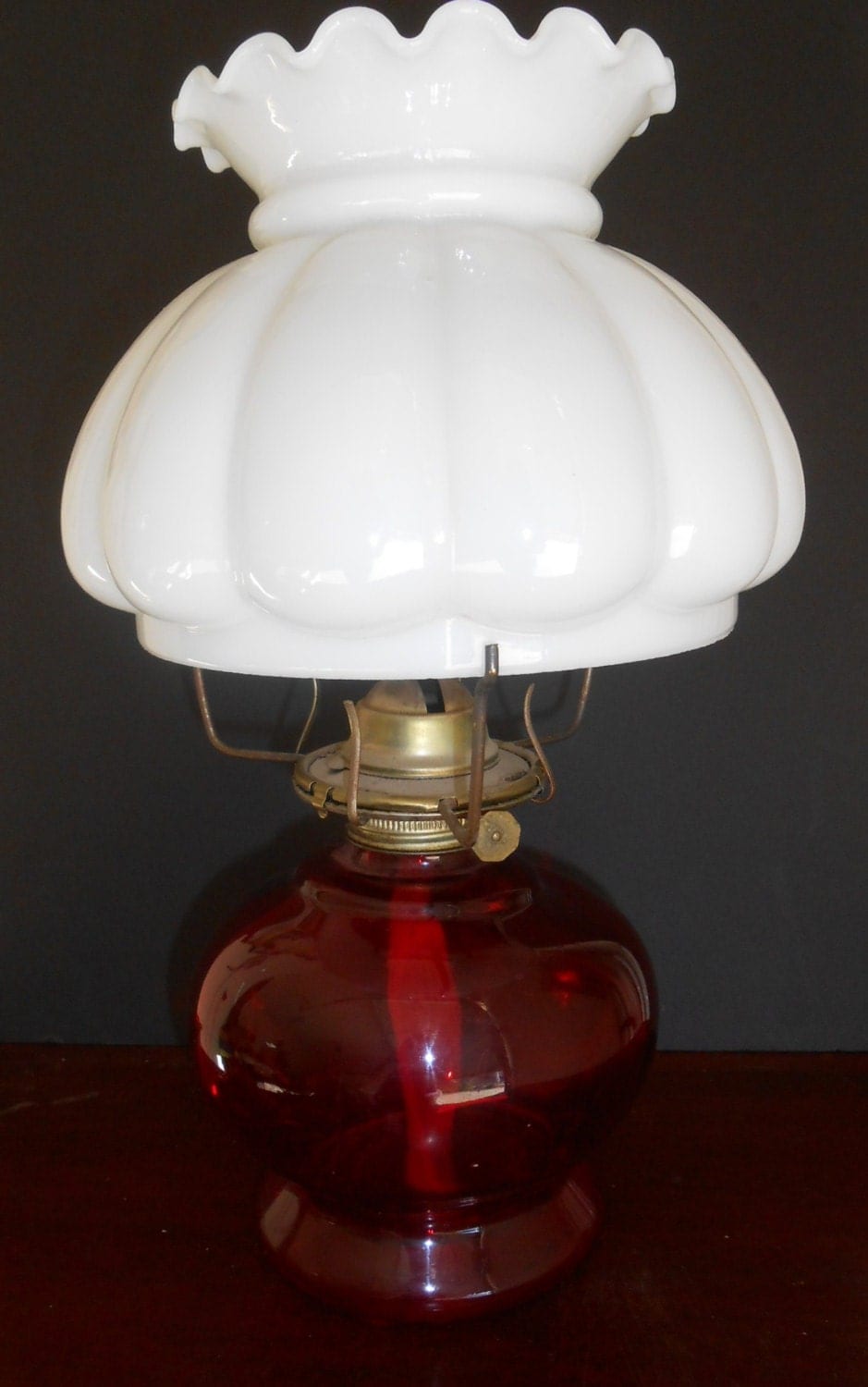 VINTAGE OIL LAMP Red base milk glass scalloped globe kerosene