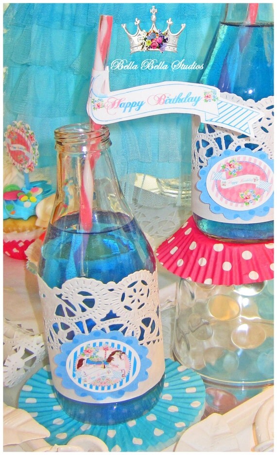 Vintage Carousel Horse Birthday Party - Printable STRAW PENNANT FLAGS Happy Birthday Instant Download by Bella Bella Studios Il_570xn