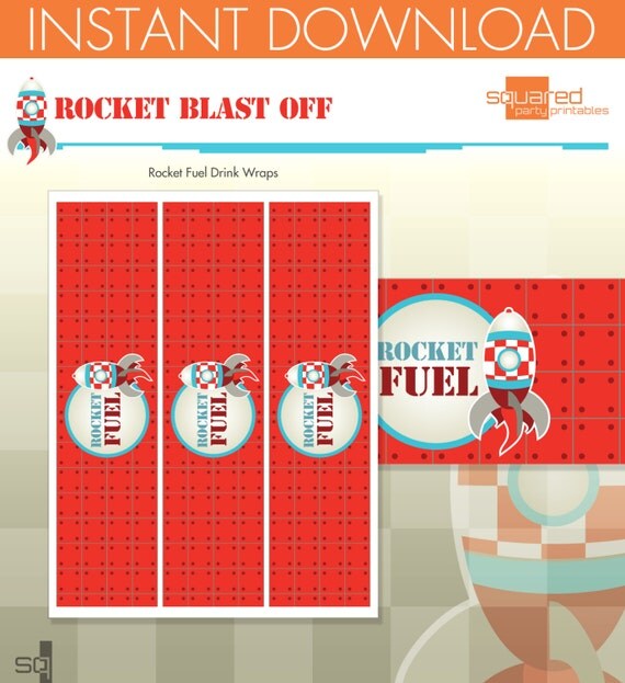 Rocket Ship Spaceship Birthday Party Printables - Bottle Wraps, Drink Wraps - DIY Print - Blast Off - Instant Download Il_570xn