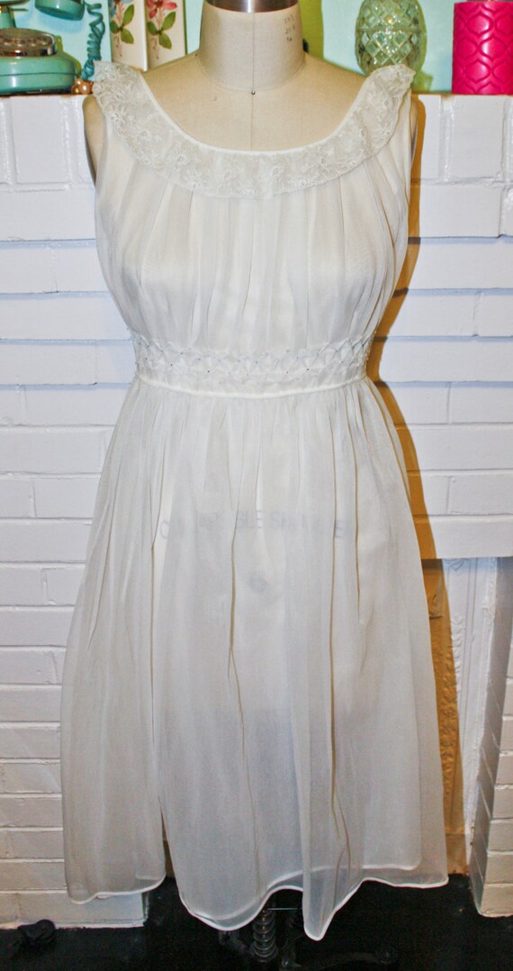 Vintage Nightgown 50s/60s White Semi Sheer Nylon Slip Pinup