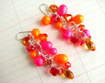 Neon Pink Earrings, Pink Earrings, Swarovski Earrings, Pearl Earrings, Orange Earrings, Summer Earrings, Statement Earrings, Dangle Earrings