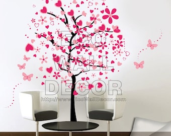 PEEL and STICK Kids Nursery Removable Vinyl Wall Sticker Mural Decal Art - Pink Hearts Butterflies Tree