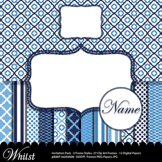 Navy Blue digital paper frame clip art, boy nautical navy blue stripe invitation frame, white polka paper frame : p0207 3s232426 IP Il_570xn