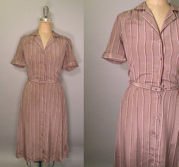 Vintage 1940s Style Striped Belted Mauve Dress