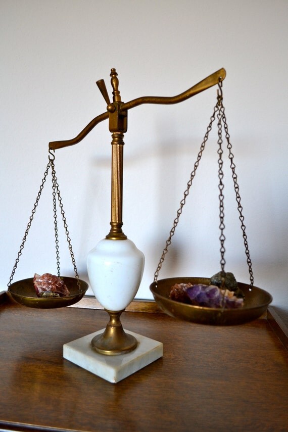 Vintage Balance Scale / Milk Glass and Patina Brass/ Art Deco