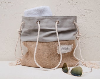 Gray Canvas Tote Large Beach Bag Beach Tote Burlap Grey Canvas Stripe Sandbag