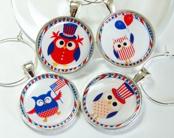 4th of July, Wine Charm, Wine Glass Charms, Owls, Wine Charms, barware, entertaining, Independence Day, red white blue (2624)