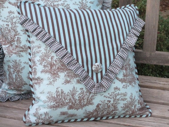 French Country Pillow Cover Aqua Toile Pillow Envelope Style