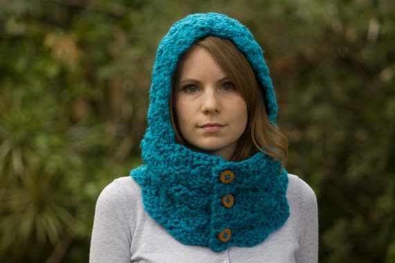 Teal Hooded Cowl Bright Blue Crochet Cowl with Hood
