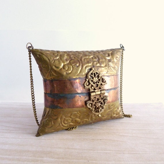 Vintage Decorative Brass and Copper Pillow Purse with Velvet