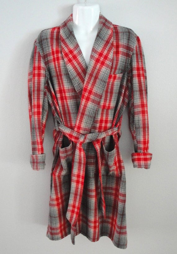 Vintage 1950s 50s Mens Bathrobe Wool Plaid Robe
