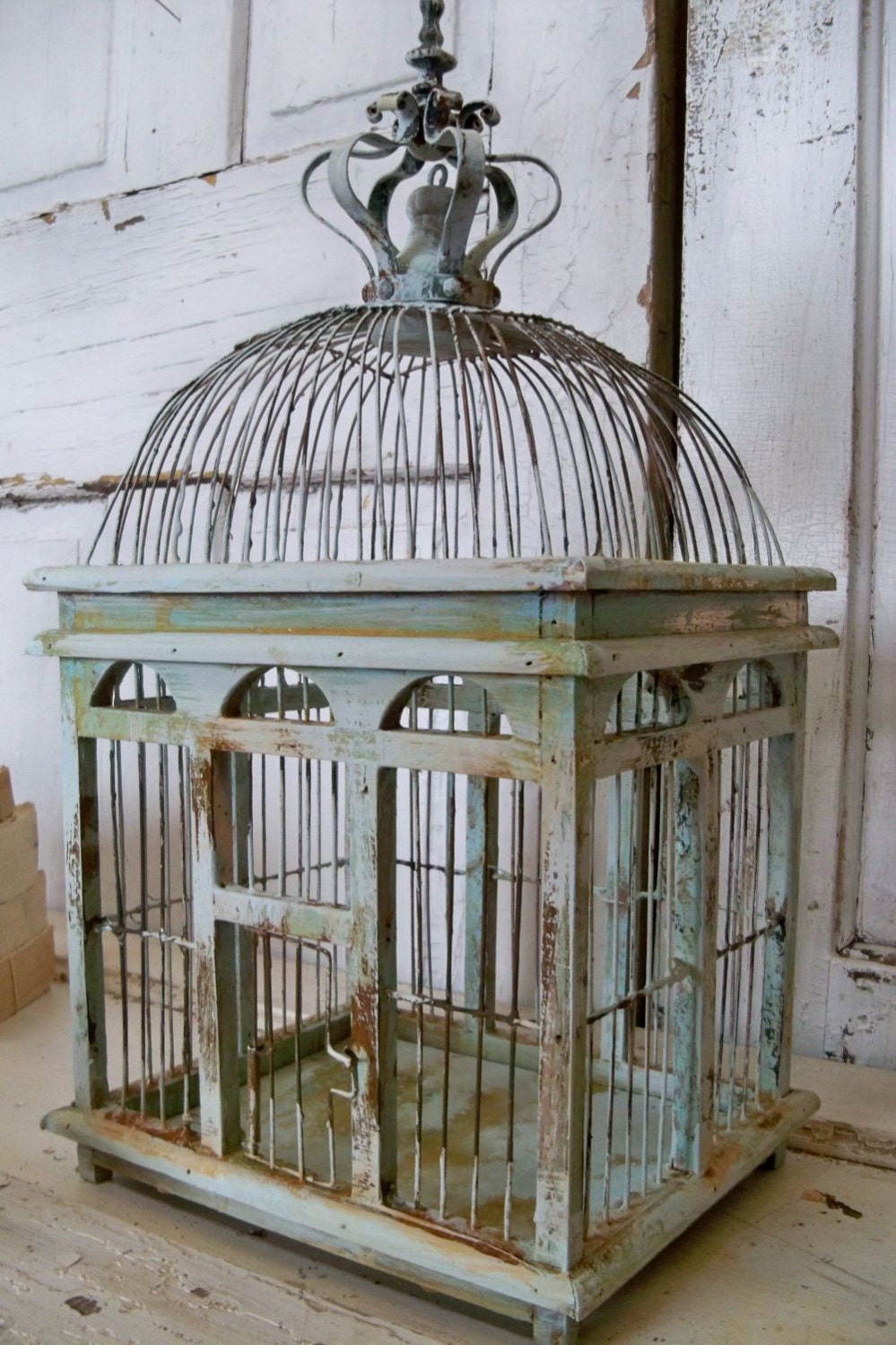 Blue sea foam bird cage distressed rusty rustic metal wood