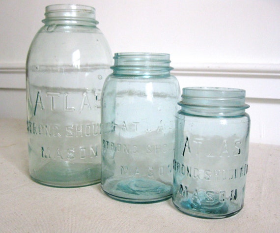 Antique Mason Jars Set of 3 Blue Atlas by RiverHouseDesigns