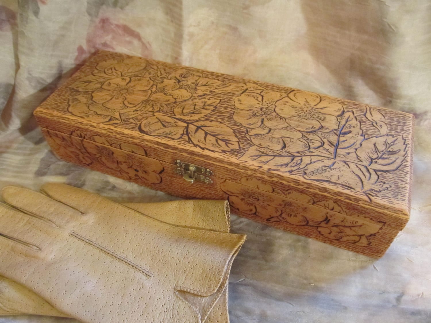 Pyrography Box Burned Wood Floral Pattern Dogwood Flowers