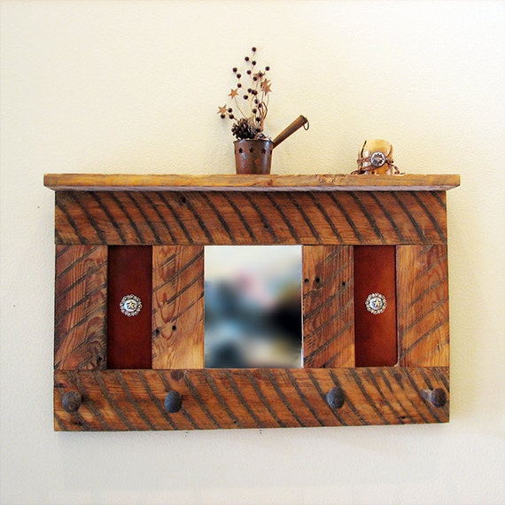 Rustic Hall Coat Rack with Mirror Shelf and Four Railroad