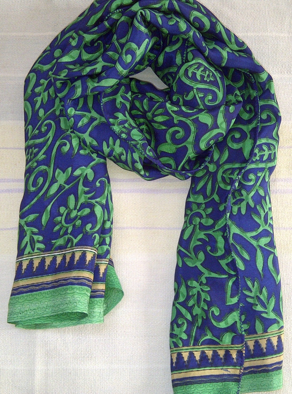 SALE Neck Scarf Indian Silk Sari Scarf Blue and Green Paisley