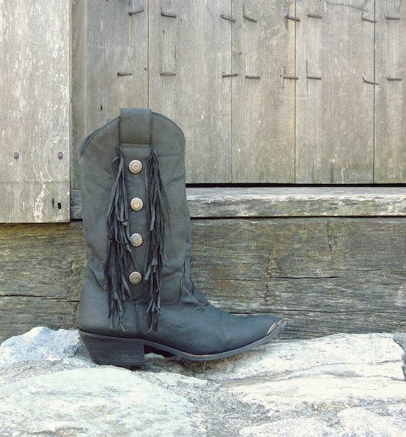Black Fringe Cowboy Boots / Leather Fringe Boots / Western