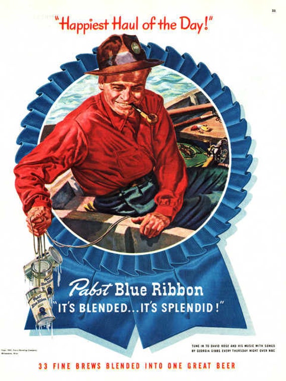 Vintage 1947 Pabst Blue Ribbon Beer ad Man fishing wooden boat