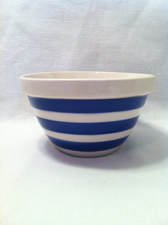 Vintage Blue and White Striped Pottery Mixing Bowl Made in