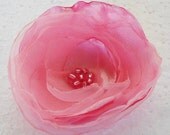 Pink Flower Organza and Satin Flower Pin Brooch or Hair Accessory with Czech Glass Beads in Center