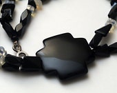 Double Strand Collar Bone Necklace, Black Beaded Cross Necklace, Cross Symbol, Black Stone & Opal