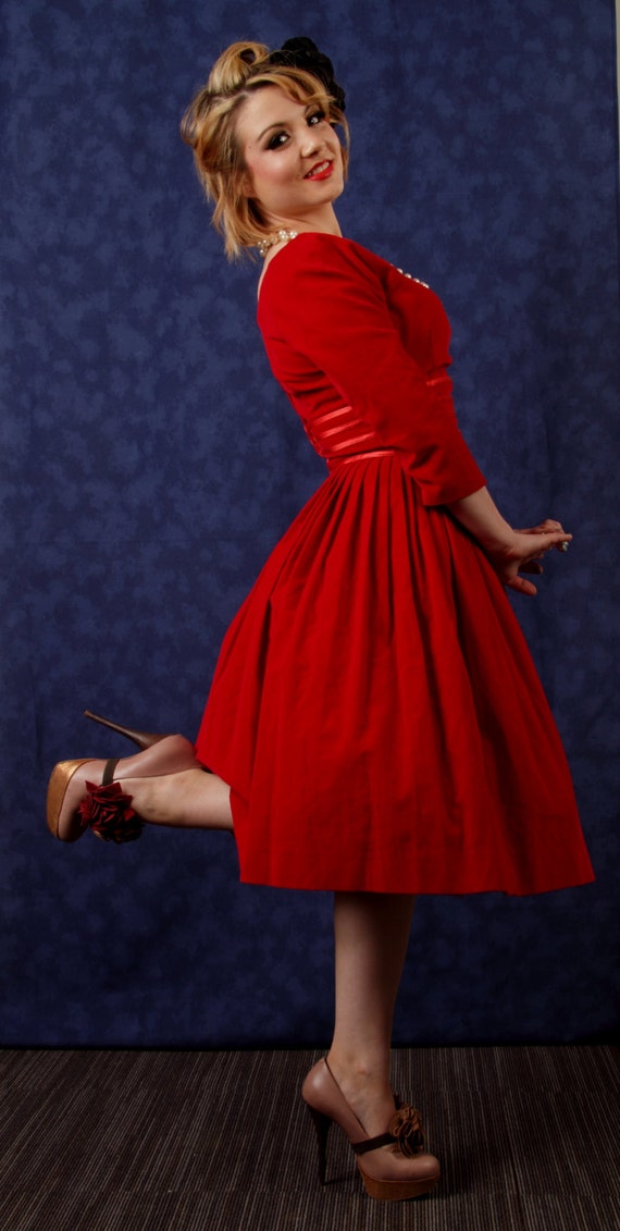 Vintage 1950's Red Velvet cocktail dress with ruched