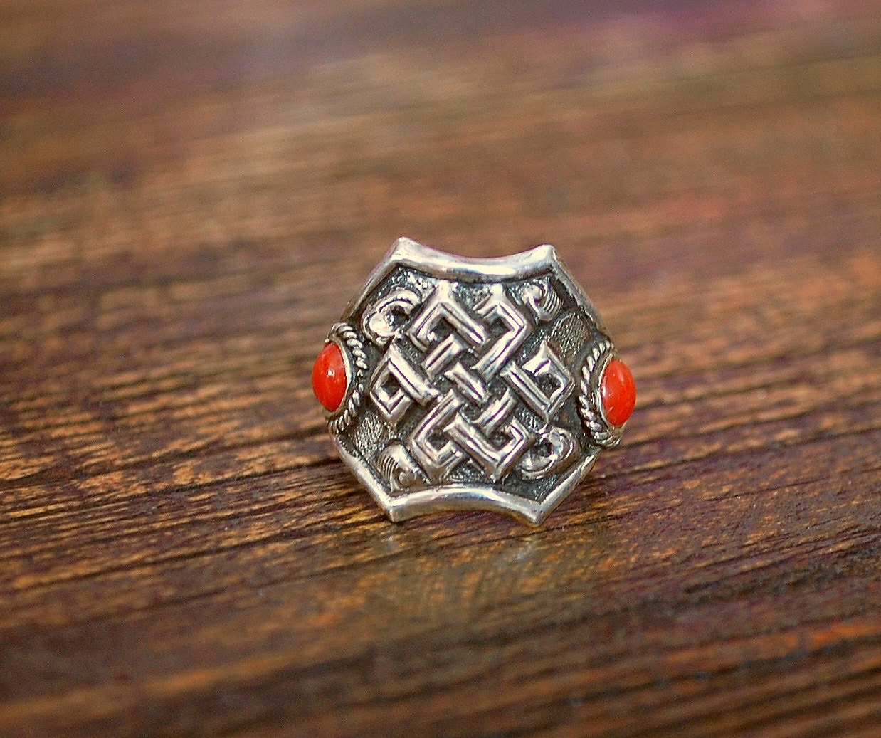 Tibetan Coral Ring with Endless Knot