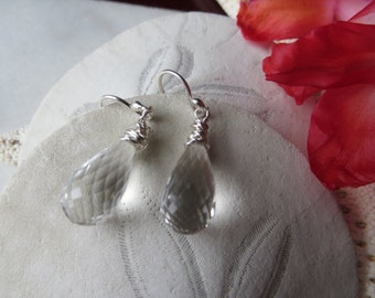 Rock Crystal Quartz Earrings, Faceted Briolette Earrings, Teardrop Earrings, Wire Wrapped Teardrop Earrings, Sterling Silver Drop Earrings