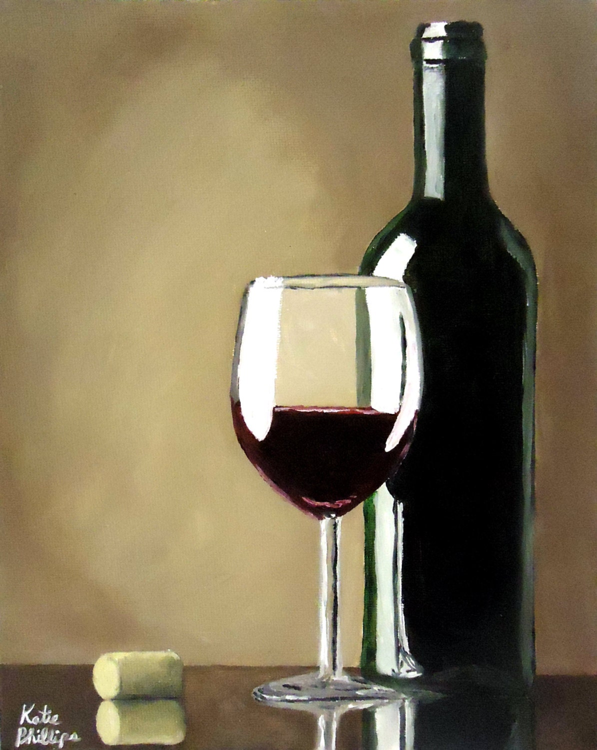 Wine Bottle and Wine Glass Signed Print by KatiePhillipsArt