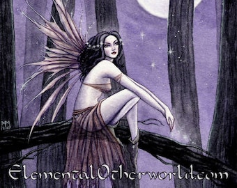 Forest Shamanka Faerie, signed A4 PRINT watercolour fairy painting, enchanted woodland faerie art, faery, purple fairy art, full moon magic