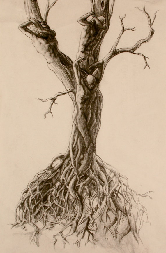 Tree people figure stretching waking in the sun twisted roots