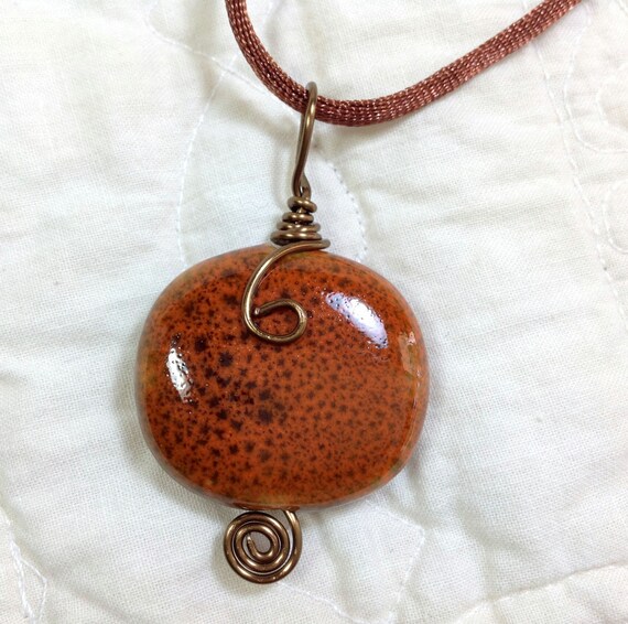 Porcelain Bead Necklace Rust Colored Porcelain Pendant