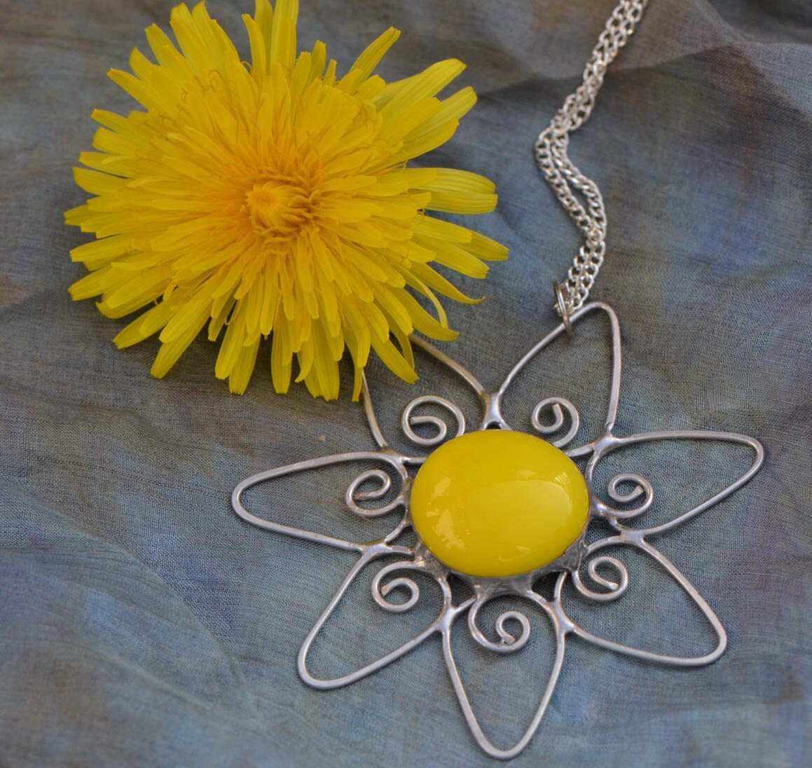 Necklace stained glass yellow flower pendant by OrioleStudio