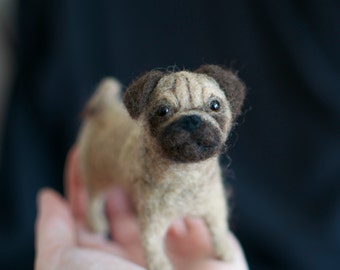 Needlecraft Custom Pet Portrait - Pug - 3D felt wool sculpture - Made To Order