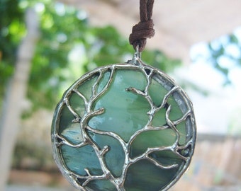 Tree of Life Pendant - Stained Glass Necklace - Olive Green Art Glass
