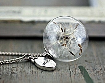 PURE & SIMPLE silver necklace with Real Dandelion Seeds in glass orb and WISH charm