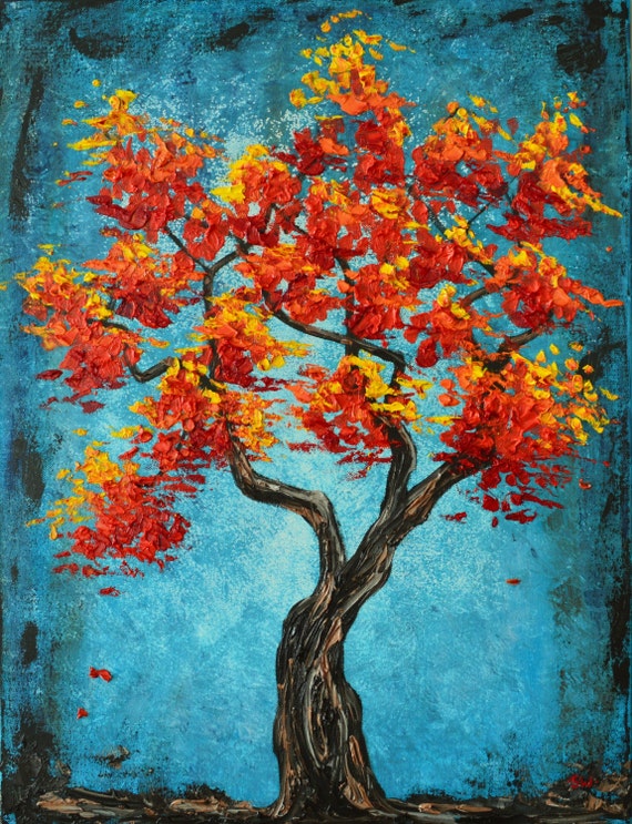 Red Orange Autumn Tree Original Oil Painting