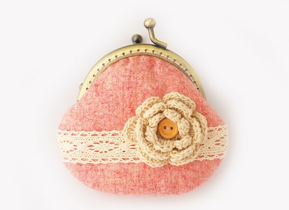 Lace and Crochet Flower Coin Purse Pastel hot pink
