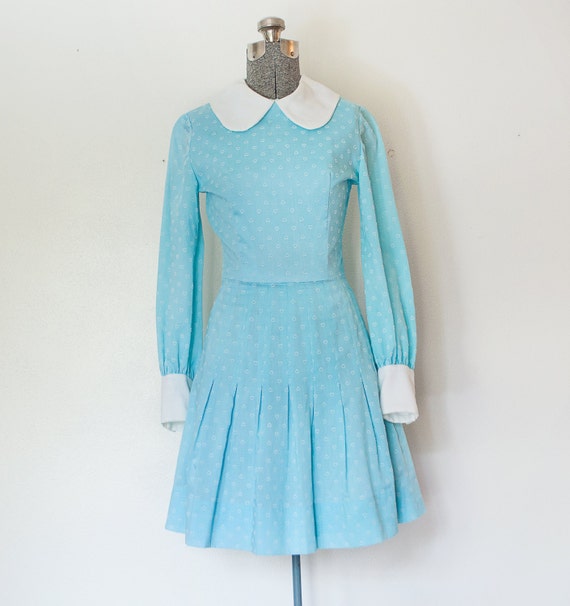 Vintage 1960's Baby Doll Day Dress - Blue Heart Print - Pleated Skirt - Extra Small