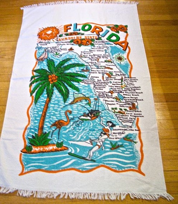 60s Large Florida Souvenir Beach Towel Surfs Up Beach Bikini