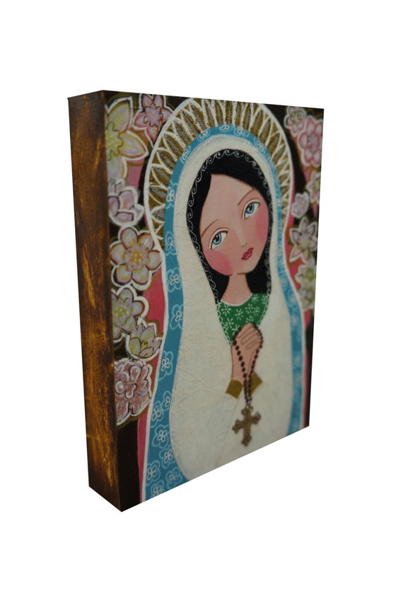 Virgin Mary with Rossary Print on Wood 6x8 by Evonagallery